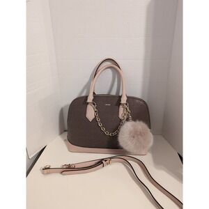 ALDO Dome Satchel Purse Brown Geo Print Gold Chain‎ Faux Fur Pom Shoulder Bag